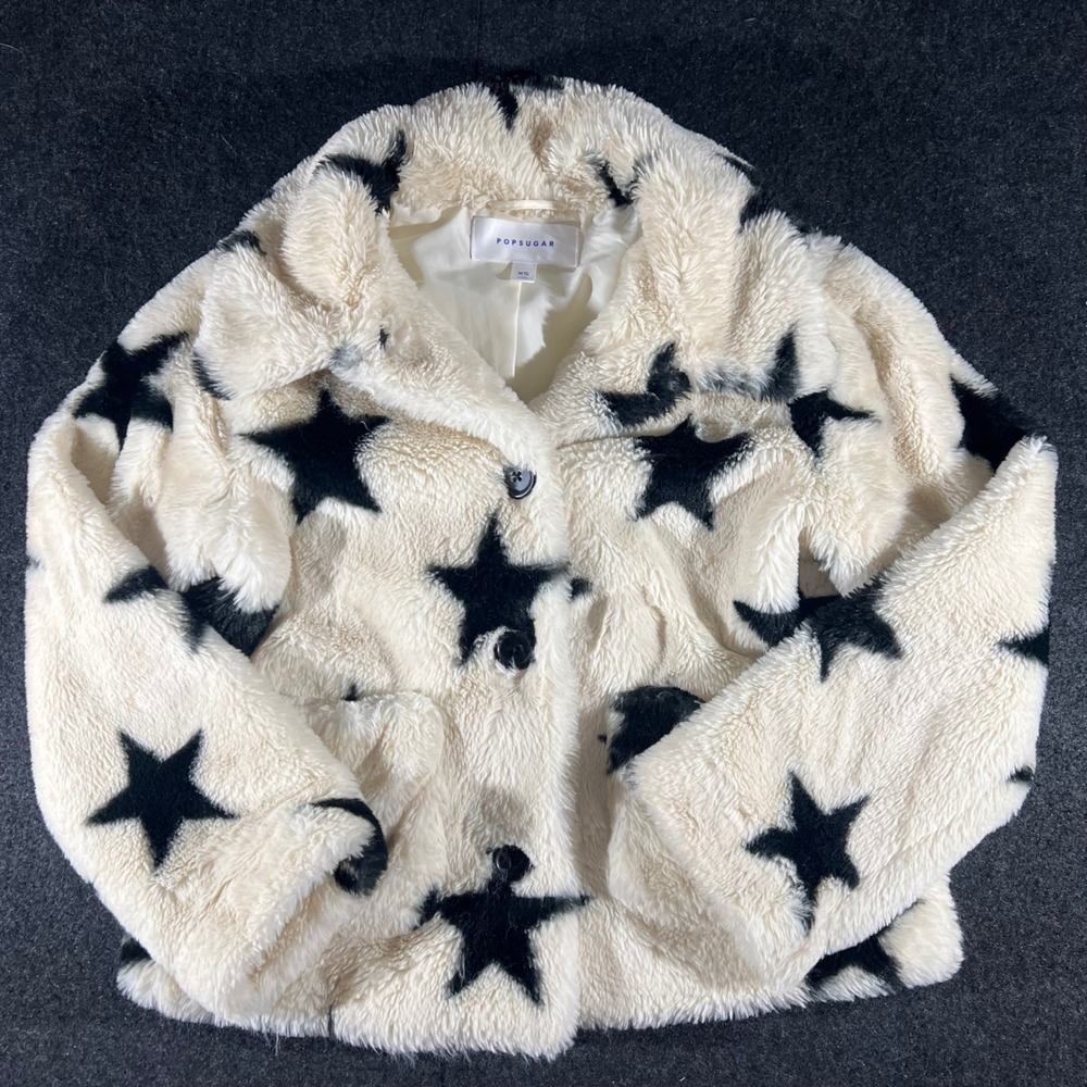 POPSUGAR Star Print Faux Fur Jacket Womens XS Ivory Black Teddy Shaggy Celestial